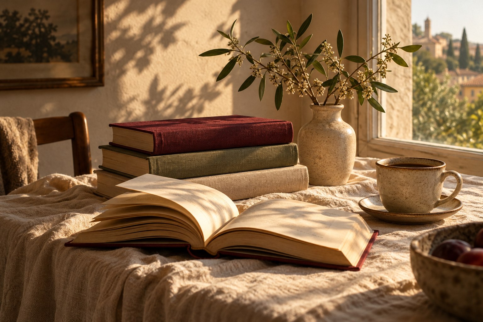 A quiet reading ritual with books, coffee and afternoon light