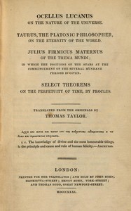 Ocellus Lucanus on the nature of the universe book cover